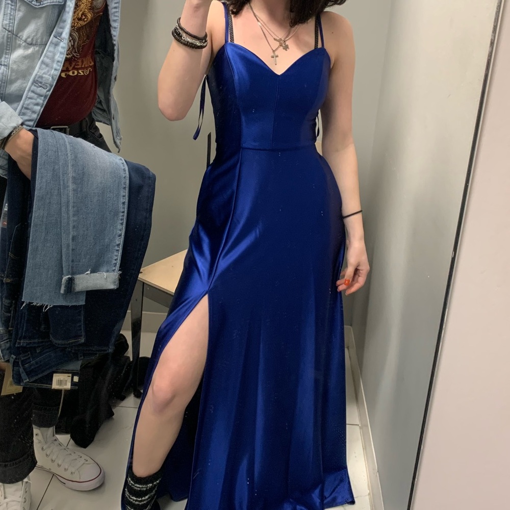 Royal blue silk dress with slit